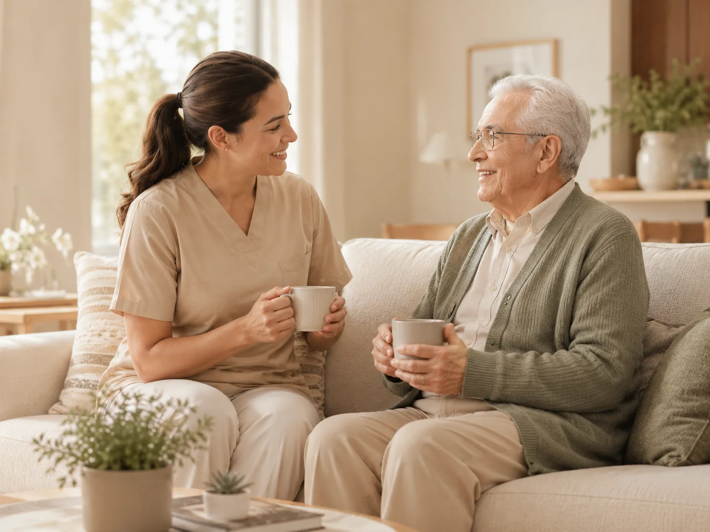 A caregiver enjoying a relaxed conversation with an older adult at home