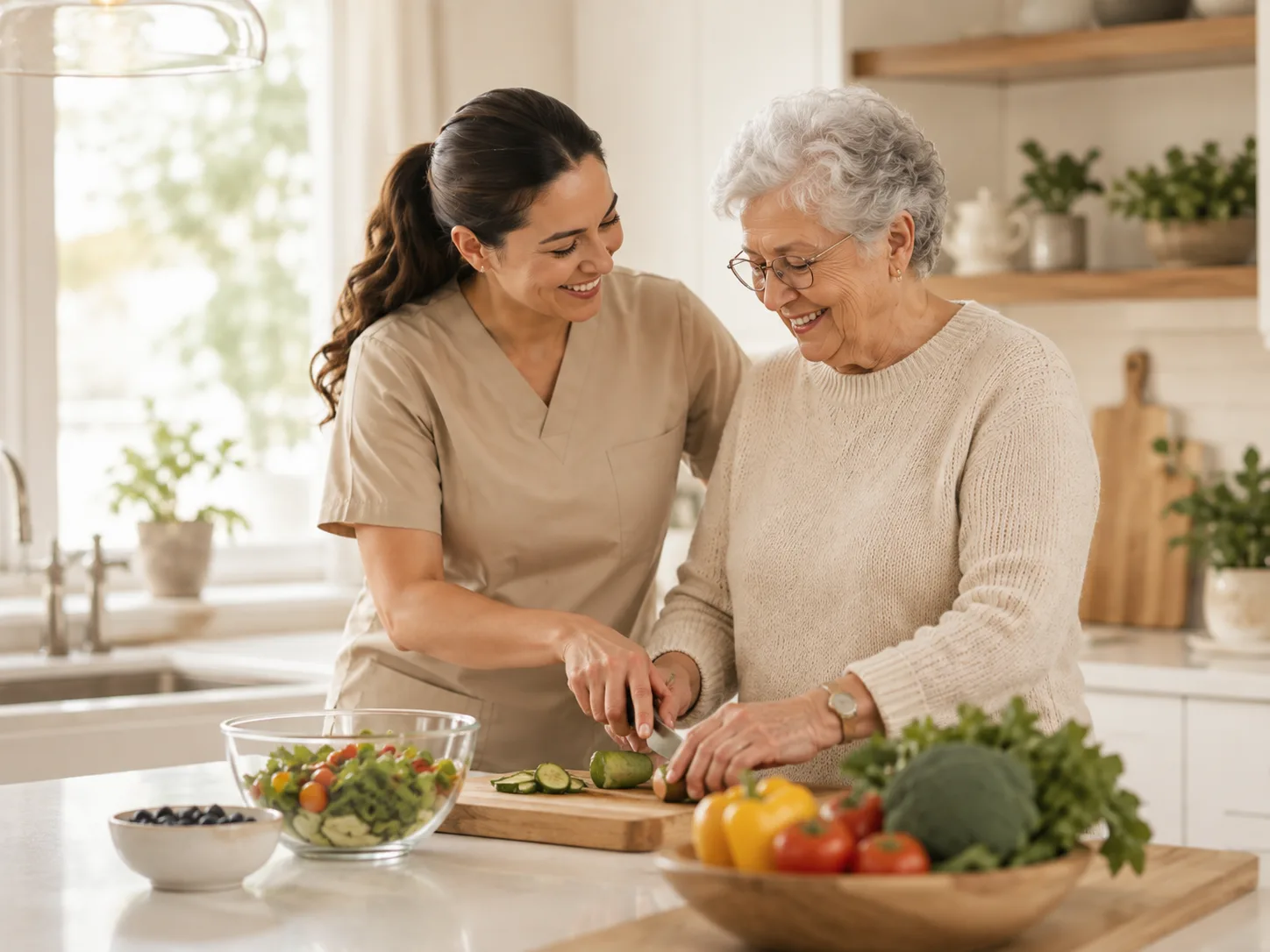 A caregiver assisting an older adult with meal preparation